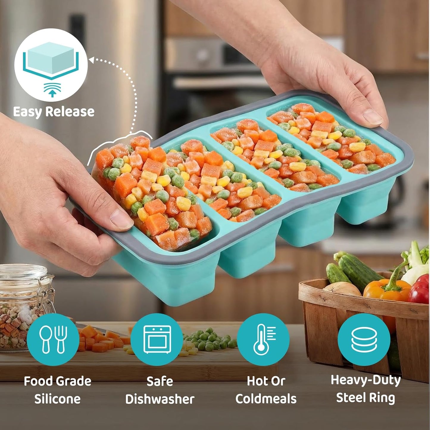 Skiennix Foldable Silicone Freezer Trays - 1-Cup Soup Molds with Lids | BPA-Free, Stackable Meal Prep Containers
