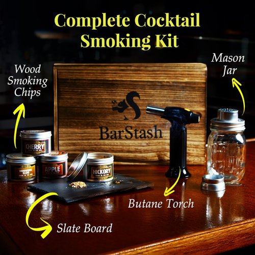 BarStash - Whiskey Smoker Kit with Torch, Cocktail Smoker Kit with Burnt Wood Box, Birthday Gifts for Men, Bourbon Whiskey Gift for Men, Old Fashioned Smoker Kit, Drink Smoker Infuser Kit