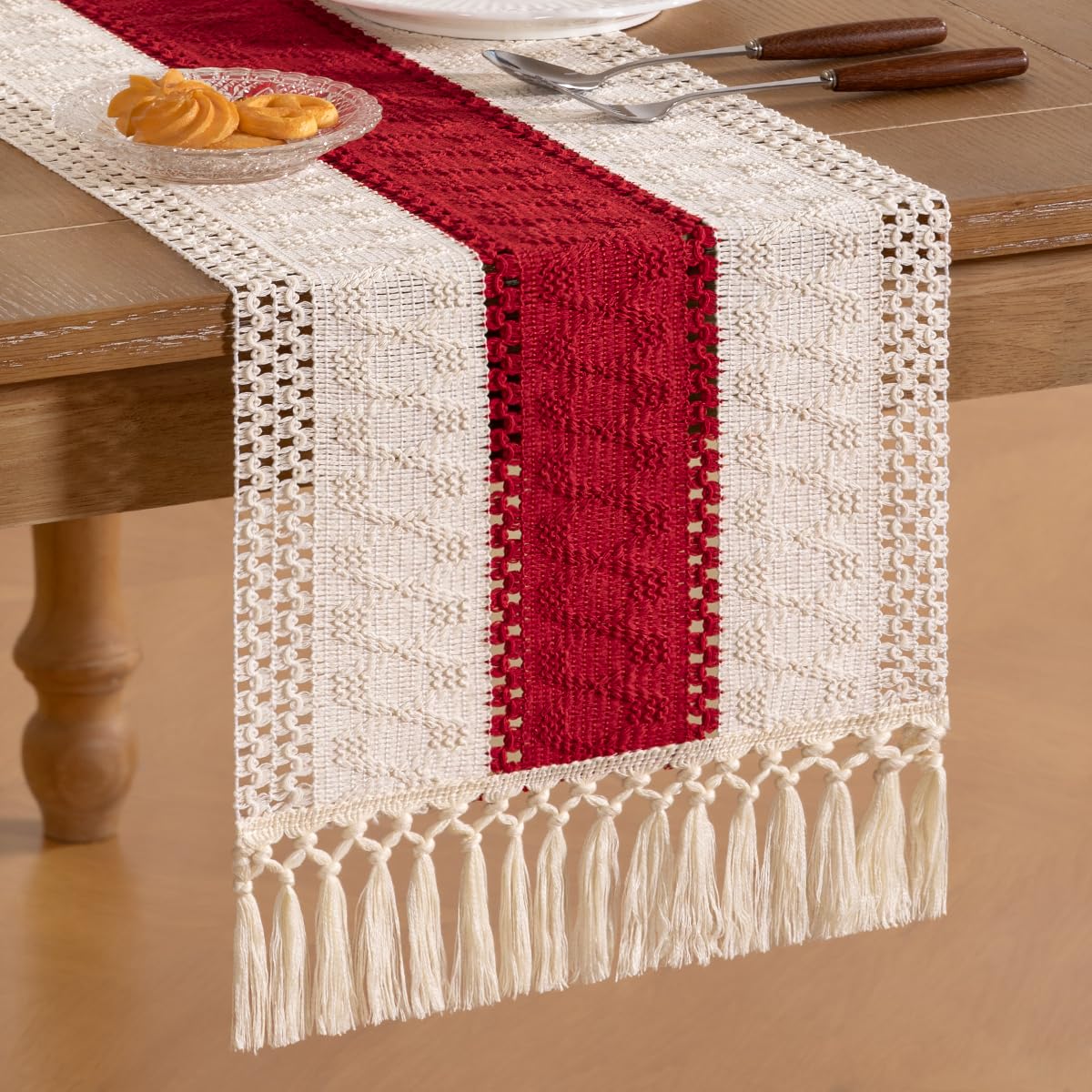 Socomi Boho Table Runner Easter Spring Farmhouse Rustic Dining Kitchen Centerpiece Decor Small Macrame Woven Cotton Linen Coffee Table Runner for Dresser Scarf Home Decor 12x60 in Red Ivory