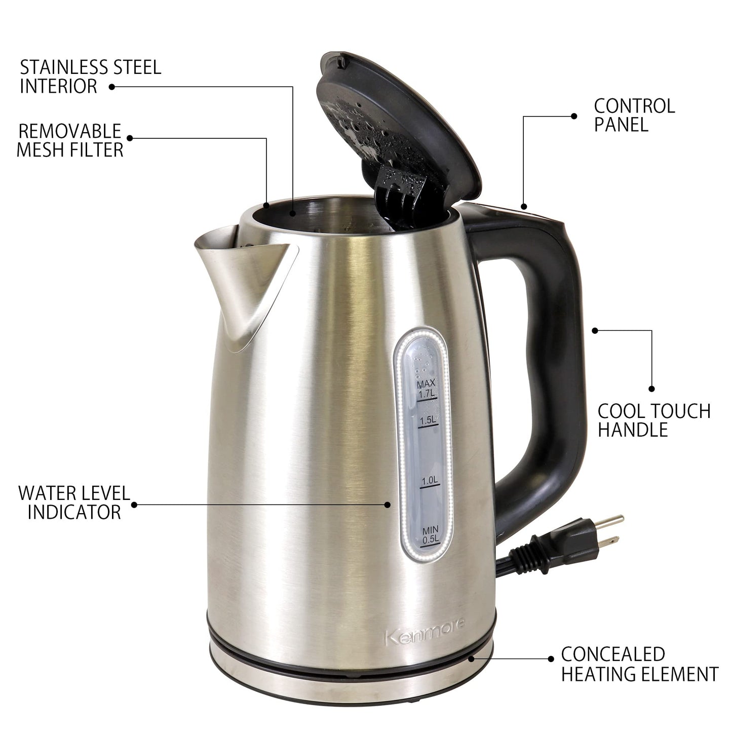 Kenmore 1.7L Cordless Electric Kettle w/ 6 Temperature Pre-Sets, Stainless Steel Teakettle w/LED light, Auto Shut-Off, Keep Warm, Boil-Dry Protection, Silver