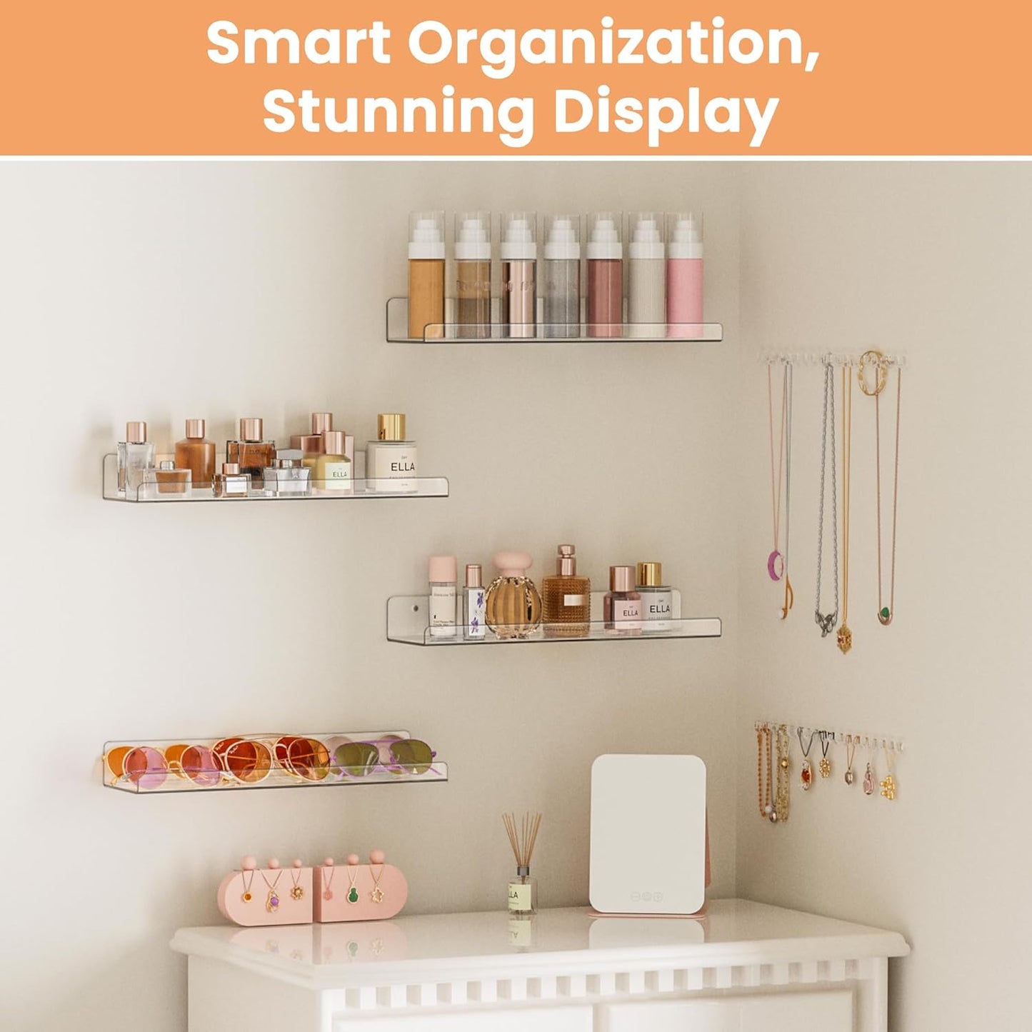 Upsimples Acrylic Floating Shelves - 15" Wall Organizer for Bathroom, Bedroom & Nursery | Clear 4-Pack