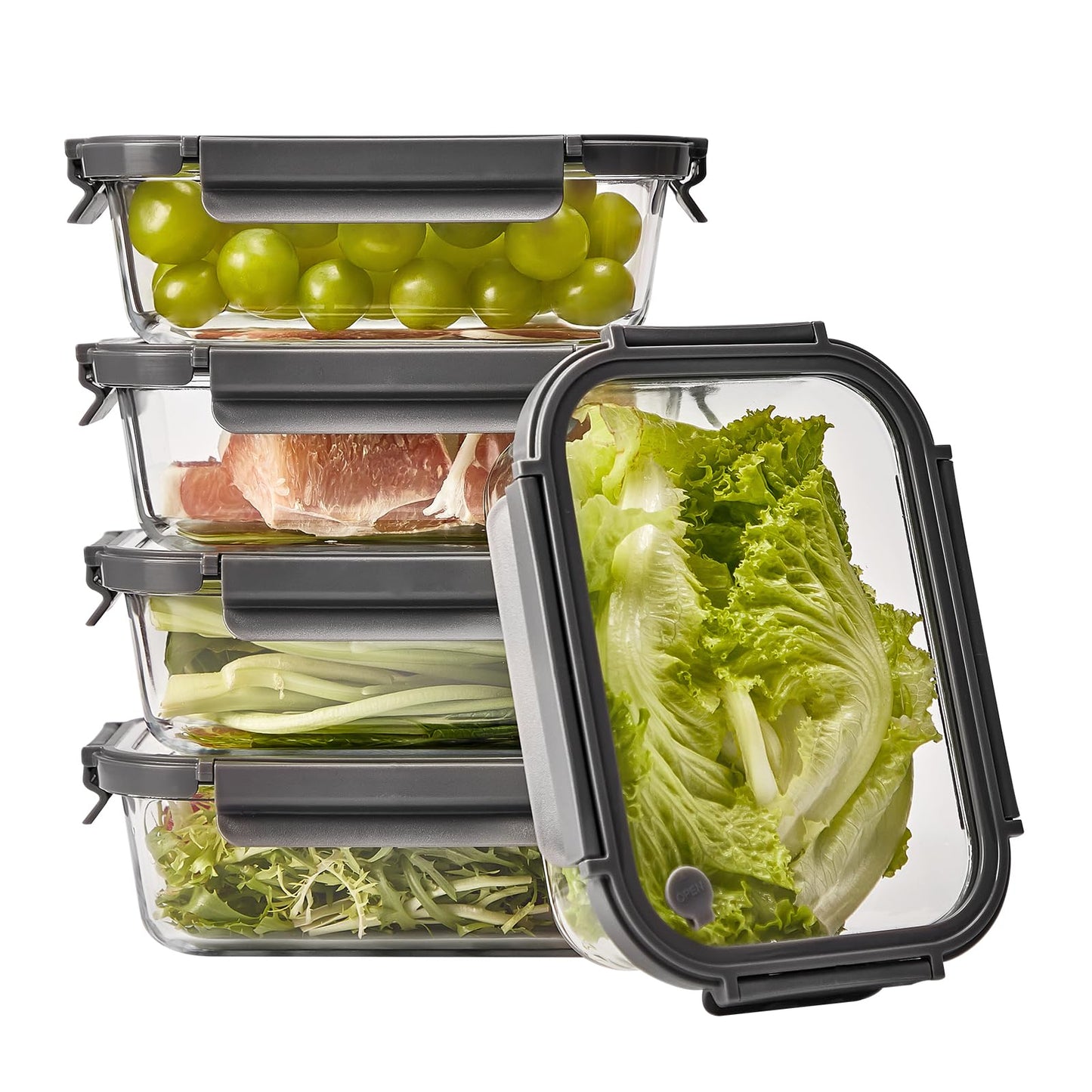 Spreccio Glass Food Storage Containers with Lids, 5 Pack of 36oz, Glass Meal Prep Container with Airtight Lids, Microwave Safe Food Container Set, BPA Free, LeakProof, Ideal for Lunch