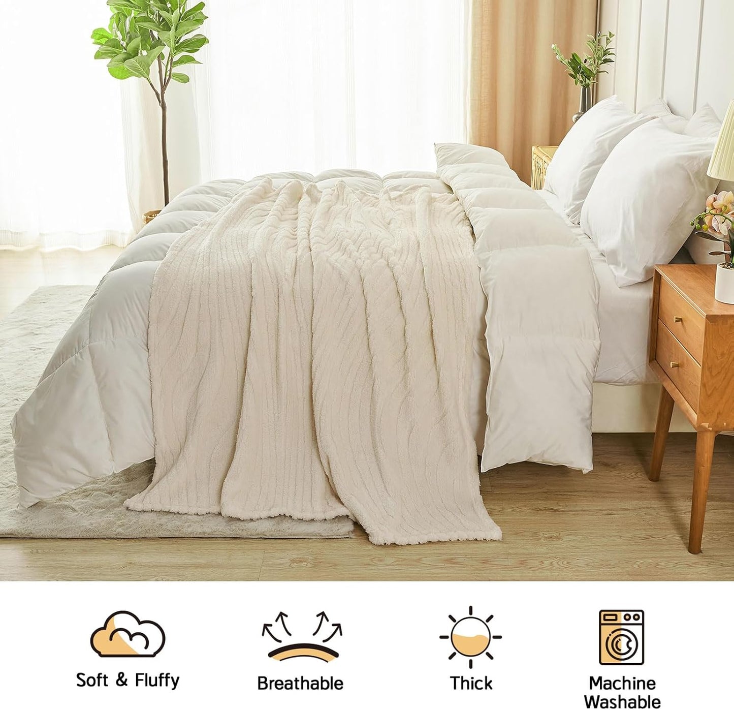 Lifein Throw Blanket - Cream Wave Boho Fleece Blanket for Couch | Soft, Lightweight 50x60in Decorative Throw