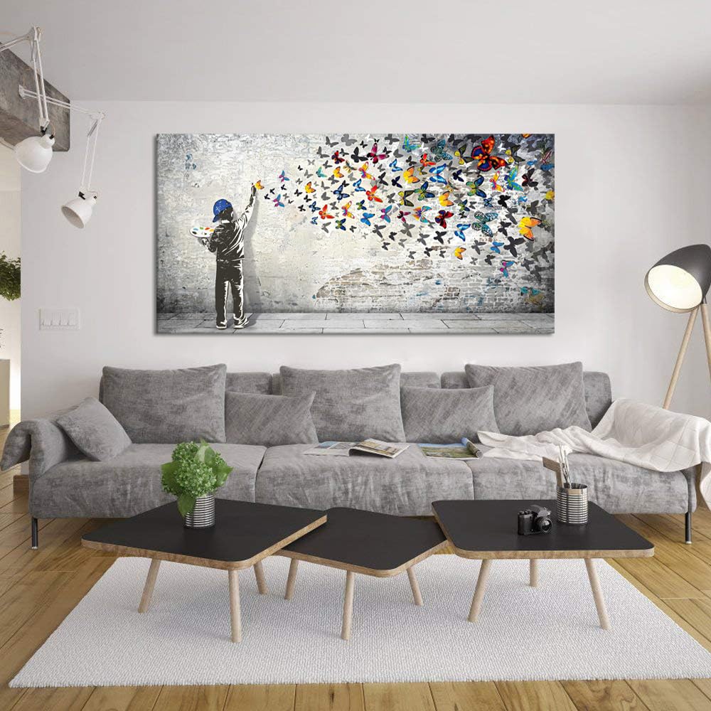 Home Decor Graffiti Canvas Wall Art for Living Room Boy Painting Butterflies Pictures Modern Street Graffiti Artwork Prints, Framed 48" x 24"