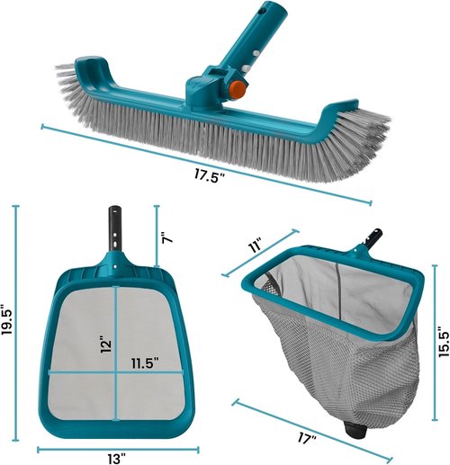 Economy Pool Cleaning Kit - Fine Mesh Rake & Leaf Skimmer with Rotatable Brush Head for Inground & Above Ground Pools