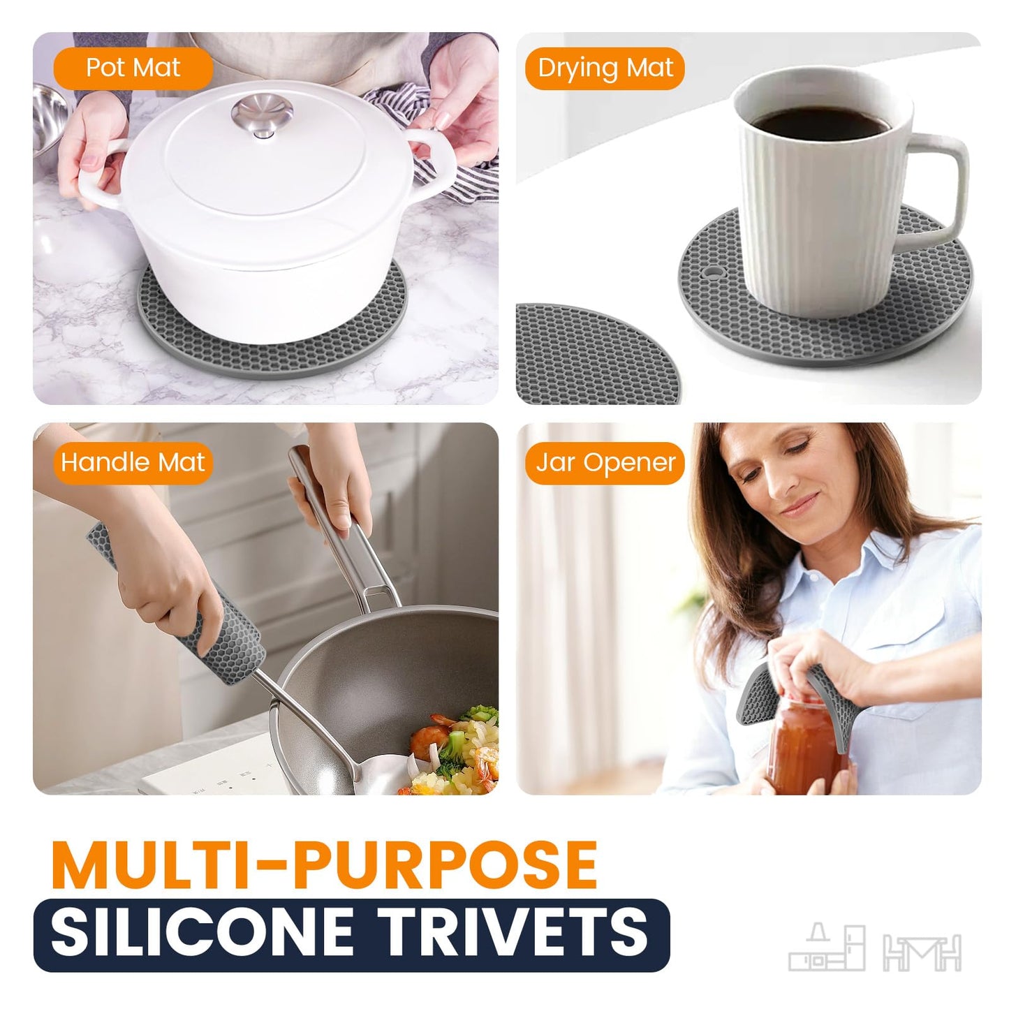 Silicone Trivet Mats 4 Heat Resistant Pot Holders Multipurpose Non-Slip Hot Pads for Kitchen Potholders, Drying mat, Jar Opener, Spoon Holder, Coaster.(Dark Grey)