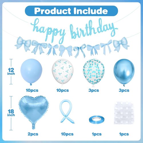 Blue Bow Birthday Decorations - Coquette Party Set with Happy Birthday Banner & Heart Foil Balloons