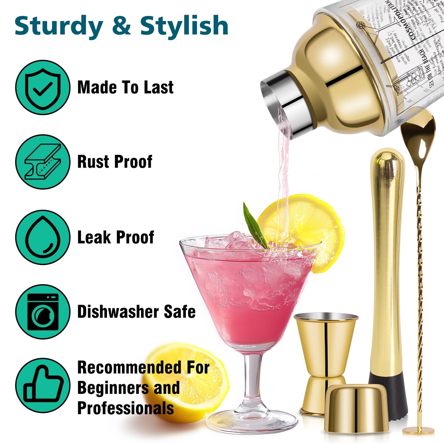SAVORLIVING 14oz Glass Cocktail Shaker Set, 4PCS Bartender Kit, Martini Mixer Shaker with Built-in Strainer, Mixing Spoon, Measuring Jigger & Muddler, Bar Tool Set for Beginners Use (Gold)