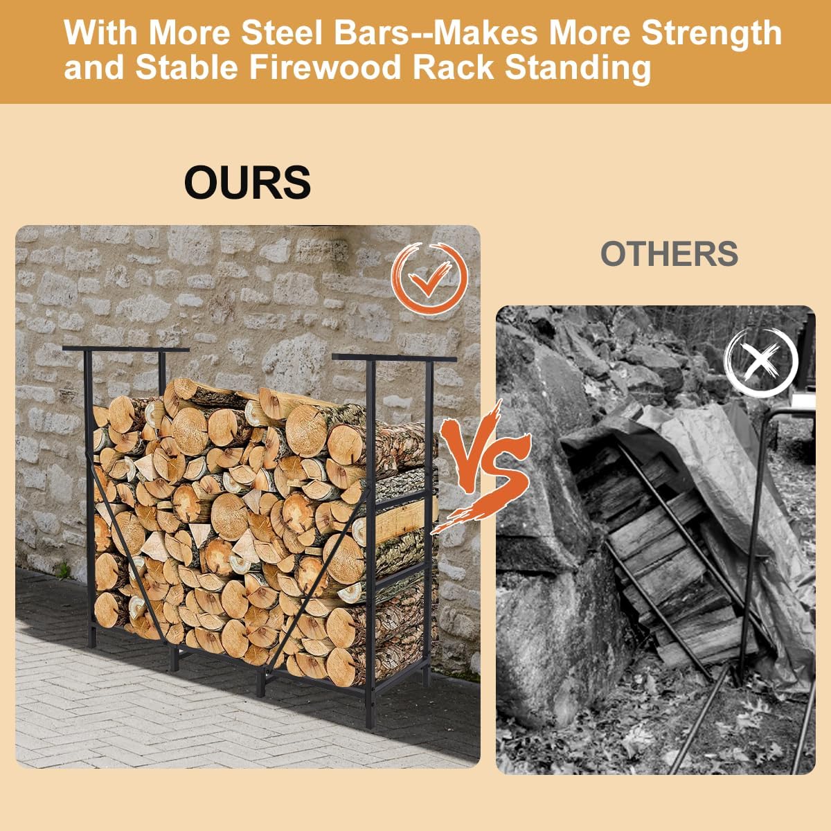 Vailge 8FT Firewood Rack - Heavy Duty Steel Holder with Waterproof Carrier Bag for Outdoor Use