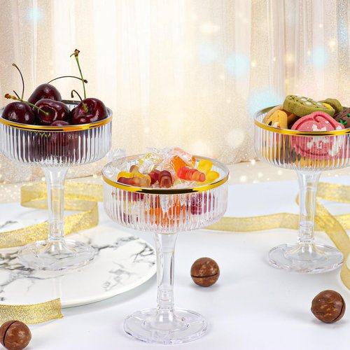 30 Pack Clear Champagne Tower Glasses 7OZ Plastic Martini Glasses Champagne Coupe Glass Cocktail Glass with Gold Rim Champagne Flutes Stackable Stemmed Coupe Glass for Weddings Birthday Party