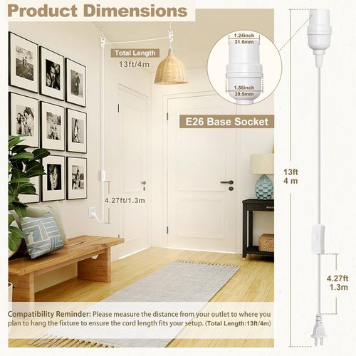 DiCUNO Hanging Lantern Extension Cord Cable, E26 Pendant Light Socket On Off Inline Cord Switch Control Lamp, Switch Close to Polarized Plug, 13 Feet, White, 1-Pack