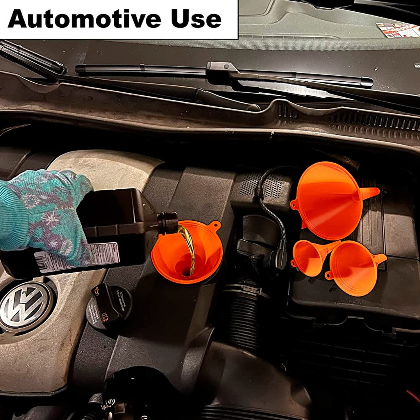 KarZone Oil Funnel Set (Orange, 4-Pack) – Plastic Funnels for Automotive Use – Funnels for Kitchen Use Filling Bottles and containers – Funnel for Water Bottles, Gas, Car Oil, Lubricants and Fluids