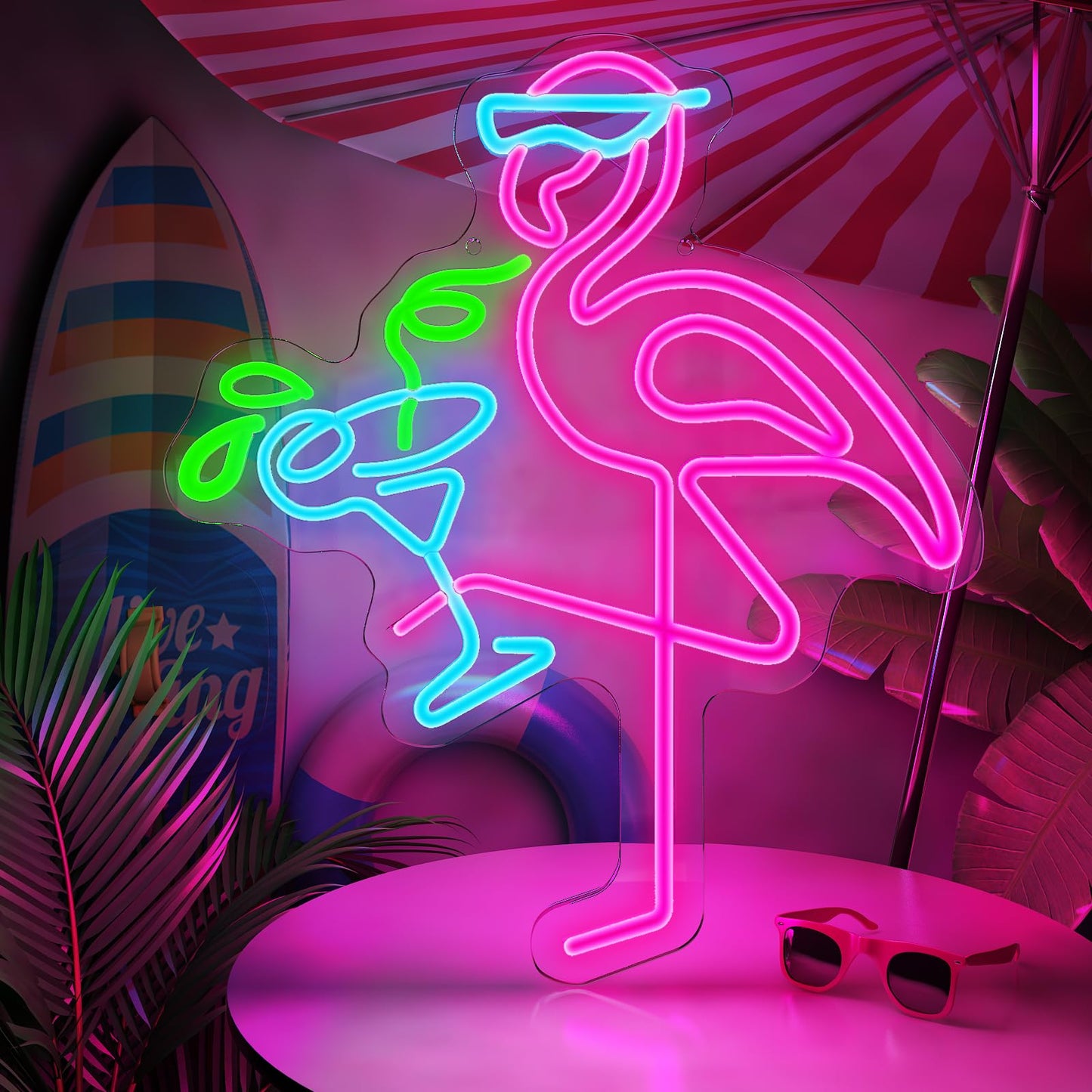 Neon Flamingo Light Up Sign for Hawaii Party, Pink Blue Flamingo Cocktails Neon Sign for Tiki Bar Wall Decor, Tropical Led Sign for Women Girl Bedroom Hawaiian Summer Beer Beach Party Decorations