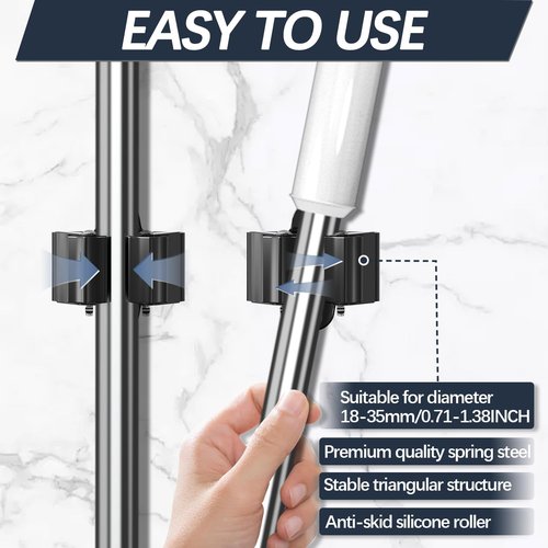 3-H Stainless Steel Broom Holder - Heavy Duty Wall Mount Mop Organizer for Kitchen, Laundry, Garage, Bathroom | 6 Pack