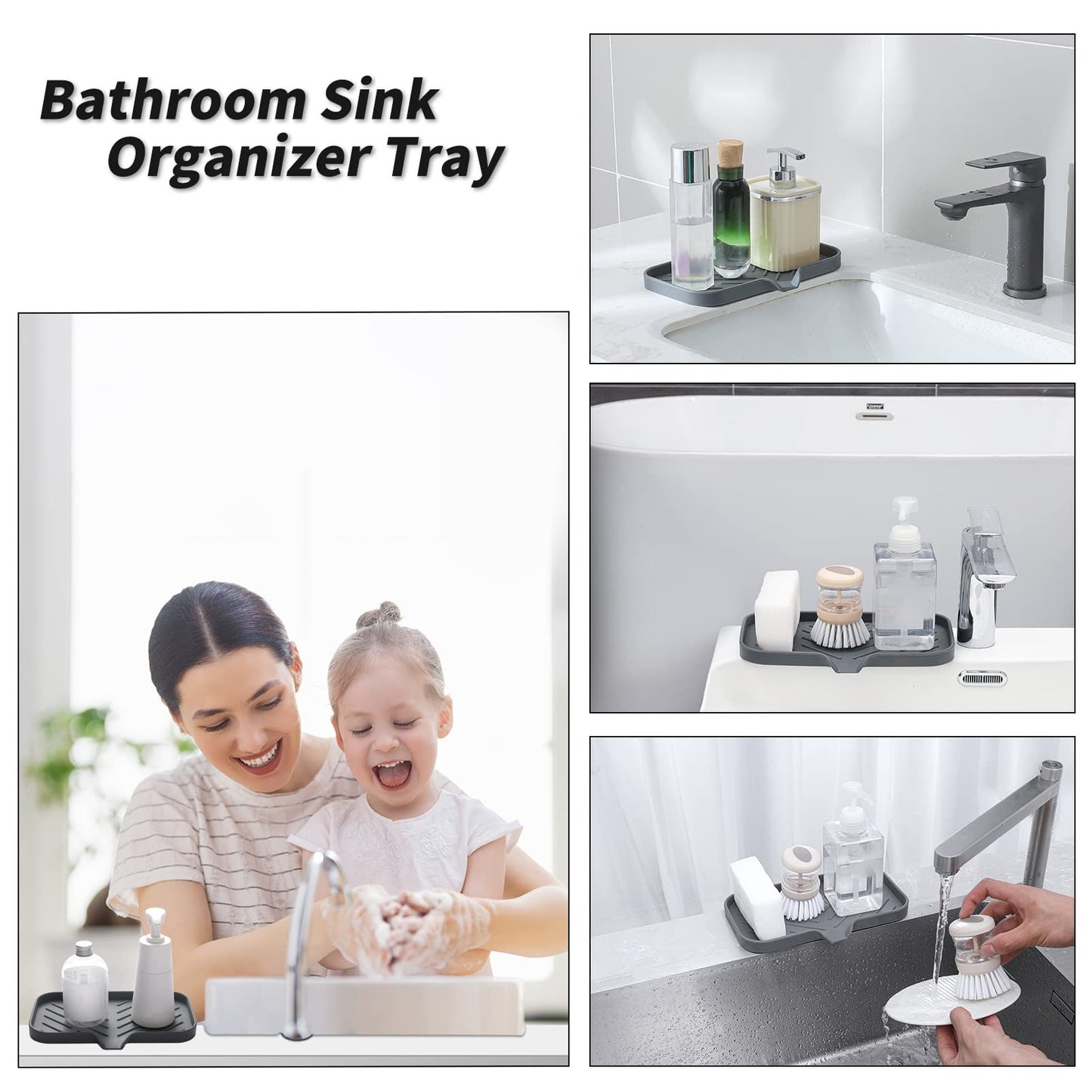 MicoYang Silicone Bathroom Soap Dishes with Drain Spout-Bathroom and Kitchen Sink Organizer,Sponge Holder,Dish Soap Tray,Perfect for Dispenser,Scrubber,Bottle,Cup on Sink or Counter-Grey 9.6"×5.3"