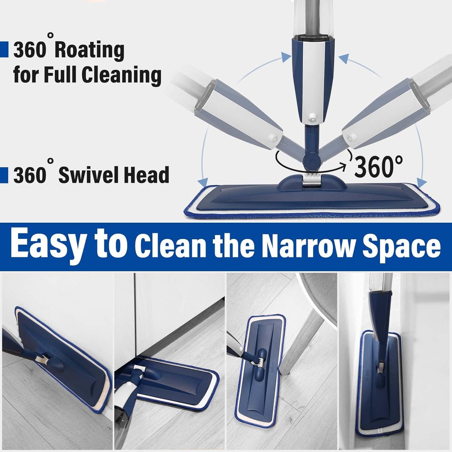 Skiennix Wet Spray Mop - 14 oz Refillable Bottle & 3 Washable Microfiber Pads | Ideal for Hardwood & Tile Floors