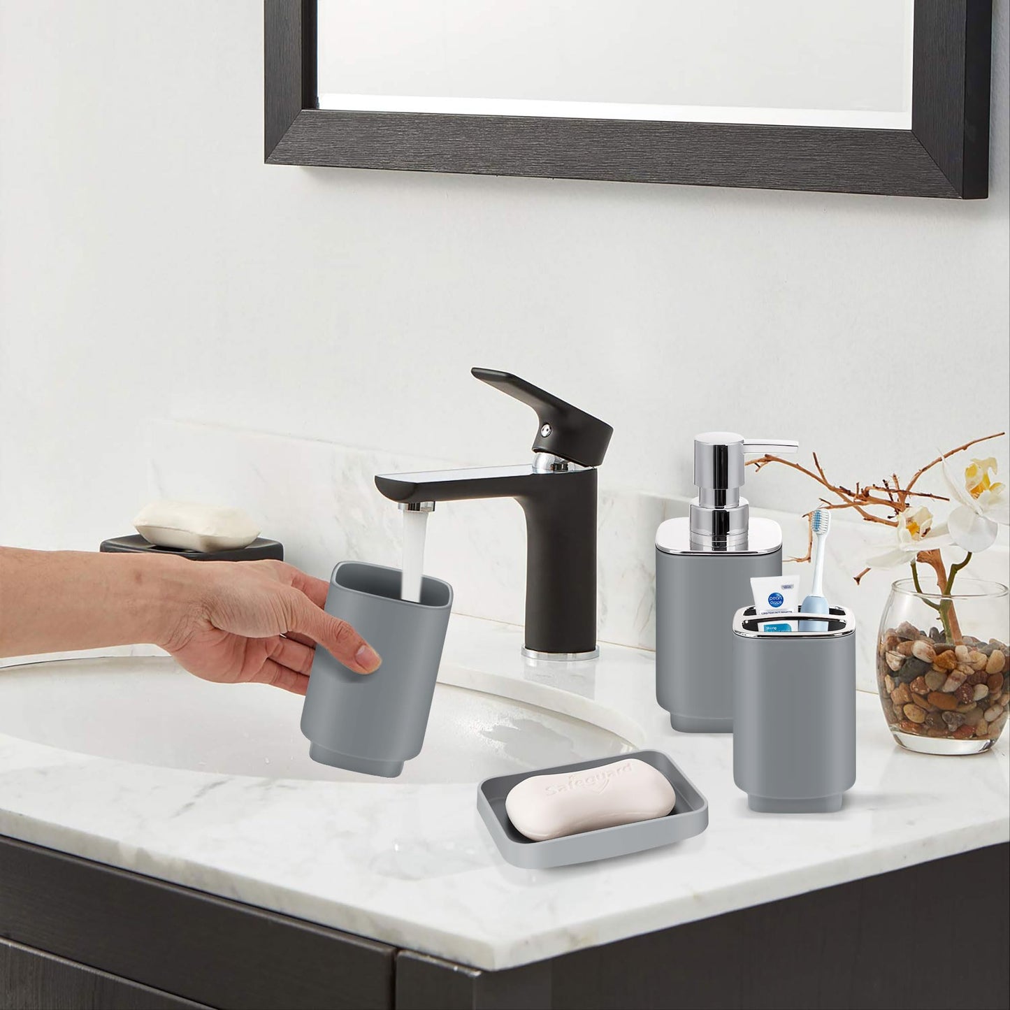 IMAVO Grey Bathroom Accessories Set,11Piece Bathroom Accessory Gift Set,Trash Can,Tray,Toothbrush Holder,Toothbrush Cup,Soap Dispenser,Soap Dish,Toilet Brush and Qtip Holders