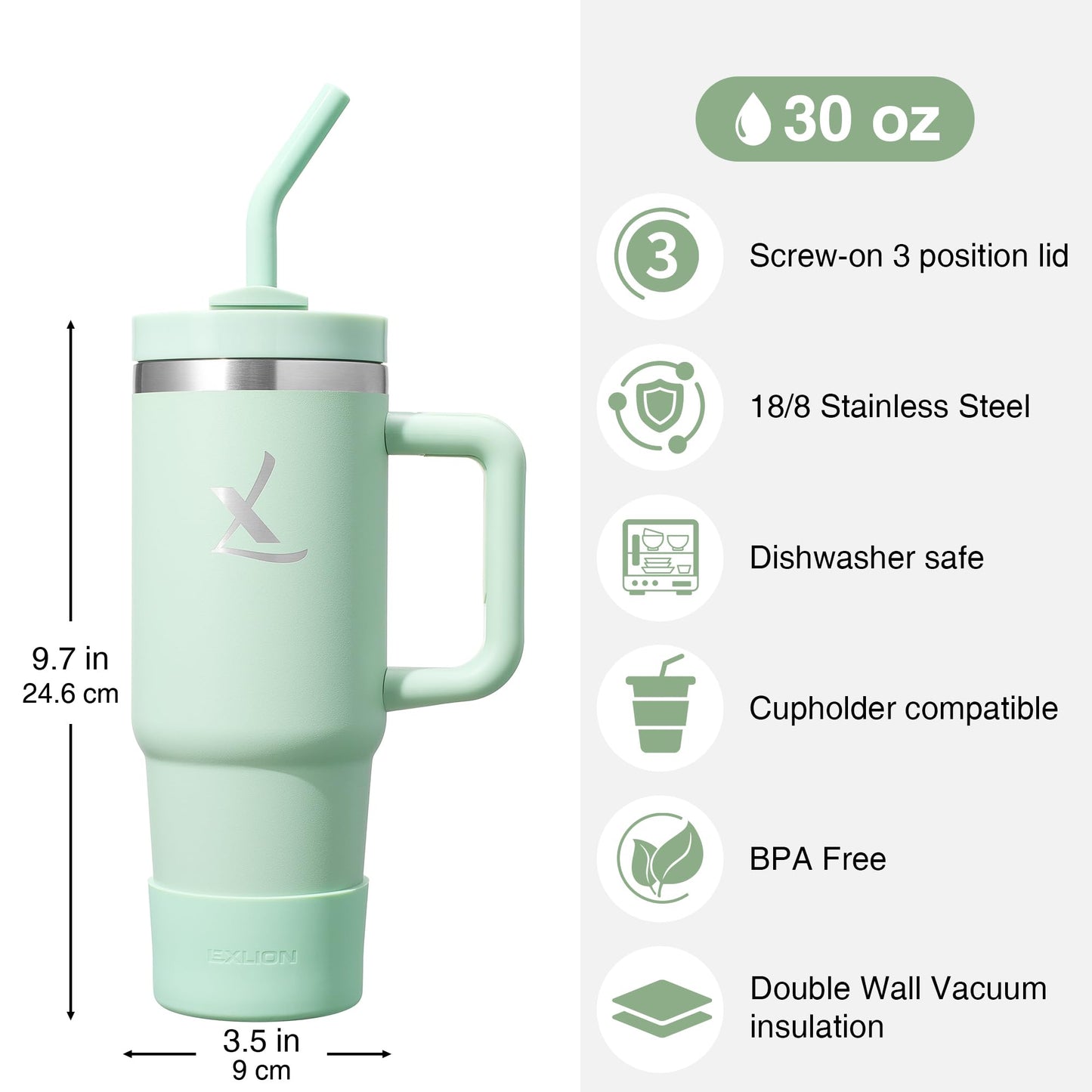 lexlion FlowOne Tumbler with Handle and Straw Lid 30 Oz– Insulated Stainless Steel Travel Mug – BPA-Free, Leakproof, Dishwasher Safe – Hot and Cold Drinkware – Car Cup Holder Fit