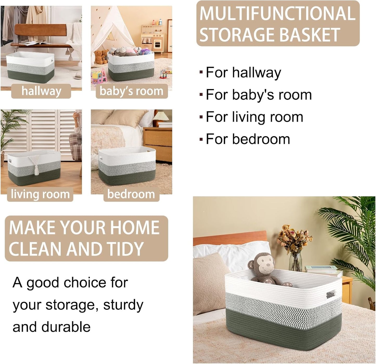 OIAHOMY Large Woven Blanket Basket - Stylish Nursery & Living Room Storage | 22”x17”x12” | Green/White