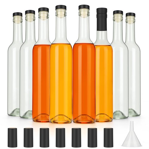 HINGWAH 16oz Clear Glass Wine Bottles with Cork Lids and PVC Shrink Capsules, 500ml Capacity, Ideal for Wines, Liquor, Juices, Homemade Lemoncello, Olive Oil, Sauces, Oils, Decorative Items (8 Pack)