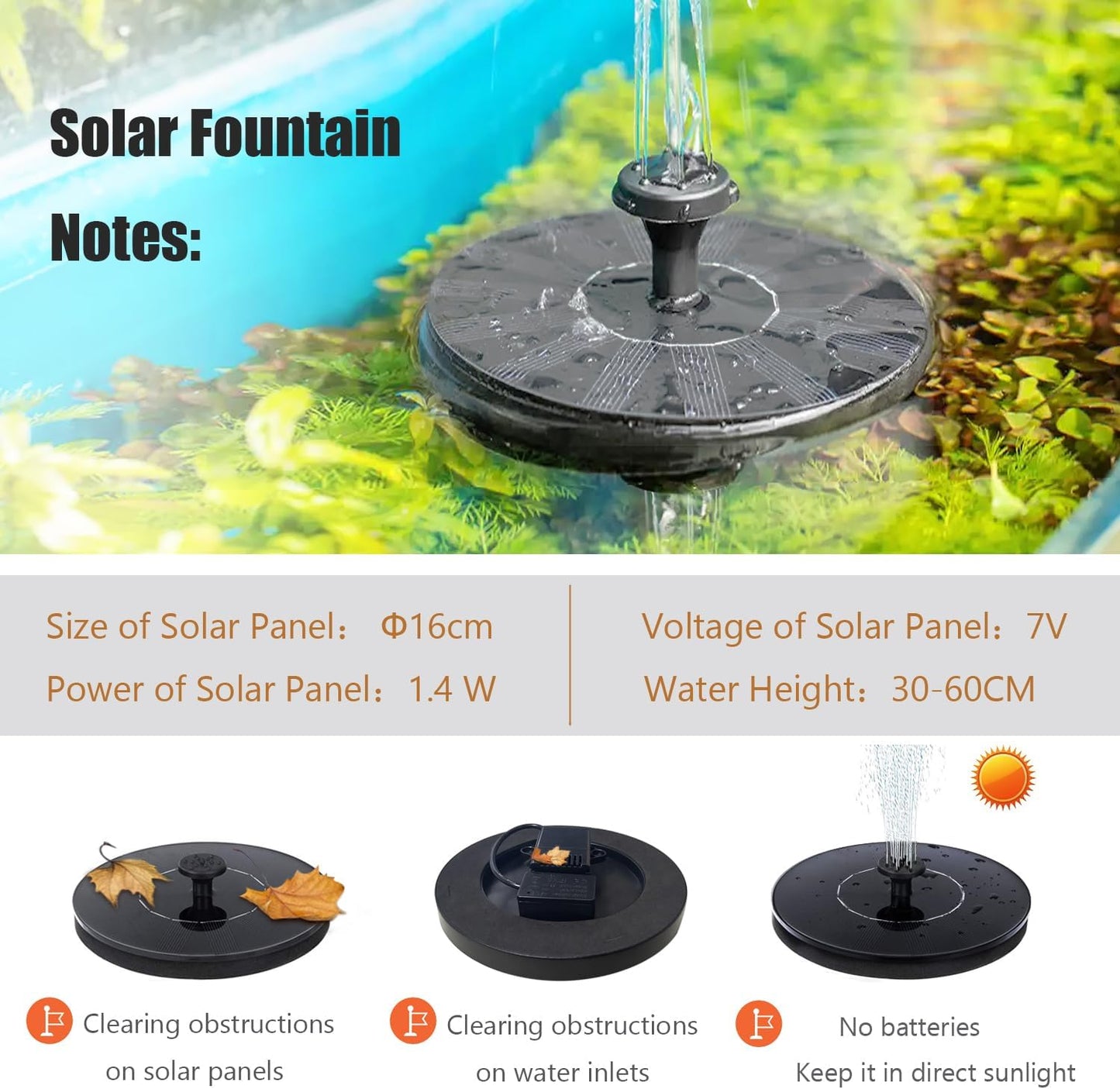 Skiennix Solar Bird Bath Fountain Pump - 1.4W Solar Powered with 6 Nozzles for Garden & Pond