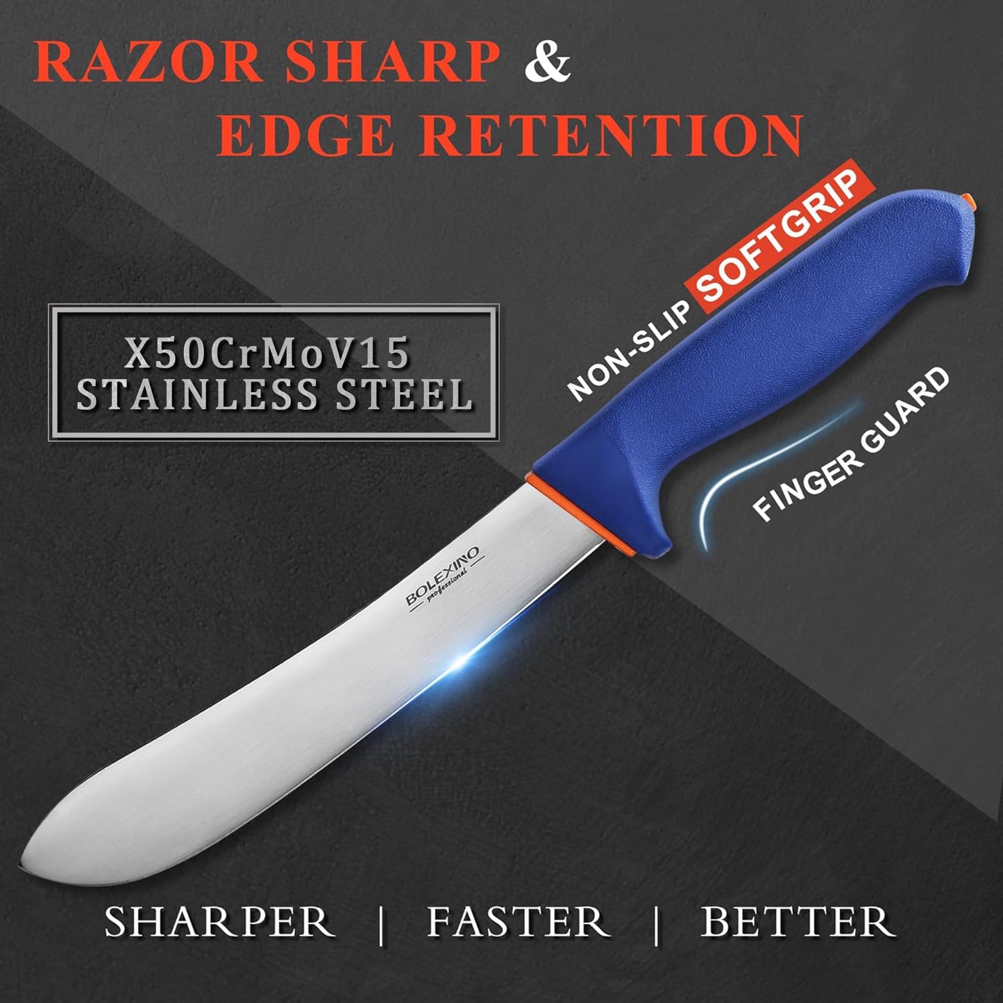 BOLEXINO 8 inch Professional Butcher Meat Knife W/Non-Slip Softgrip, Commerical-Grade Butcher Tool For Meat Cutting Trimming Deboning, Ideal For Butcher, Home Kitchen, X50CrMoV15 Stainless Steel