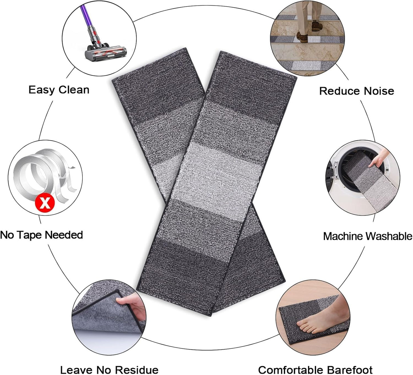 OLANLY Non-Slip Stair Treads - 15PCS Indoor Stair Runners for Wooden Steps | 8" x 30" Grey Edging Rugs with Reusable Adhesive for Kids, Elders, and Pets