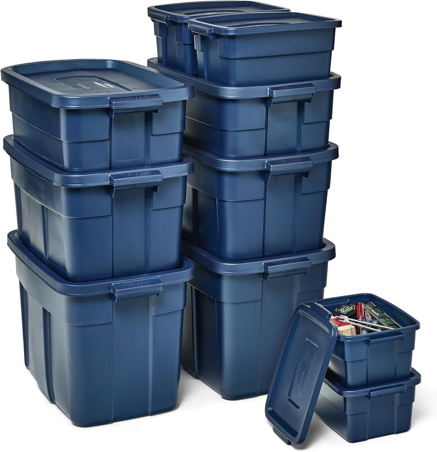 Rubbermaid Roughneck Tote - Durable Dark Indigo Metallic Storage Tote with Lid & Handles | Pack of 10