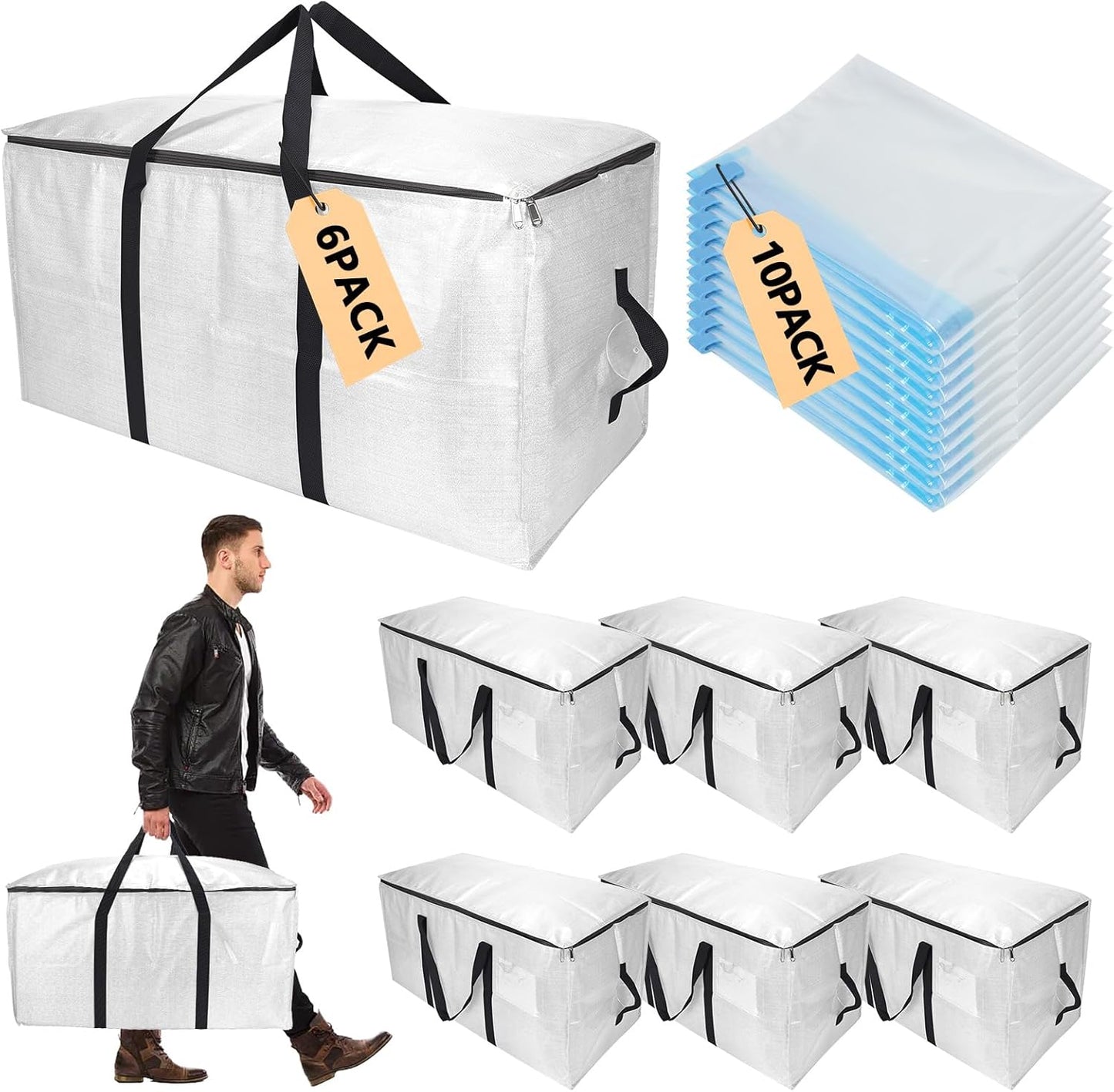 Skiennix Extra Large Storage Bags Set - Heavy Duty Waterproof Totes with Dual-Way Carrying Design | 6 Moving Bags & 10 Vacuum Seal Bags for Travel and Camping