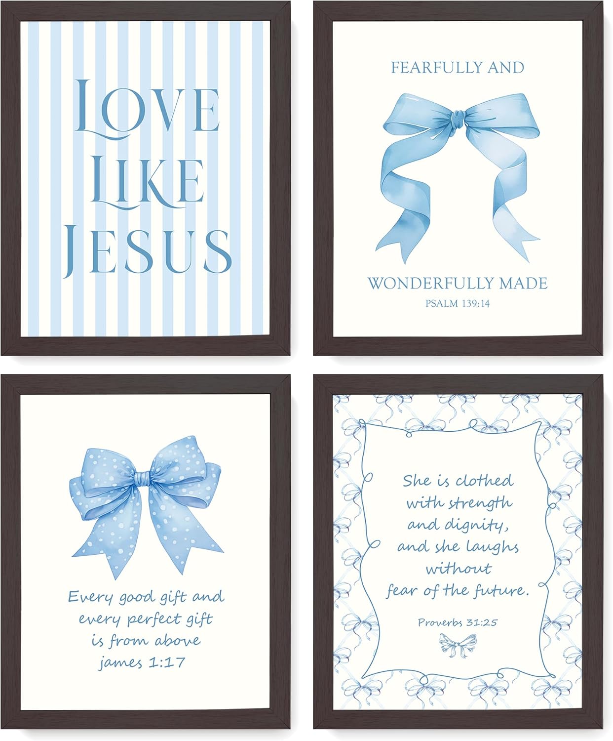 LARTSFRO Coquette Blue Bow Wall Art - Inspirational Bible Verse Decor | Set of 4, 10x8 Inch for Teen Girls