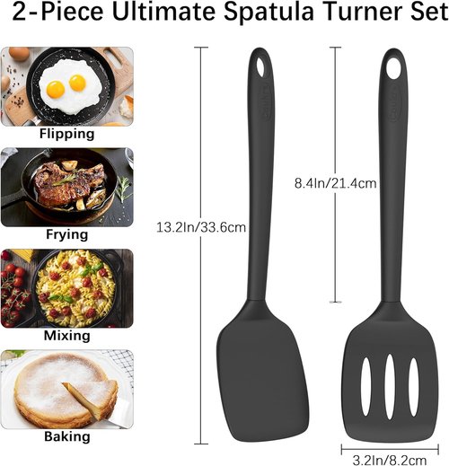 Coukre Silicone Spatula Set - High Heat Resistant, BPA Free | 2 Pack Solid & Slotted Turner, Pure Black
