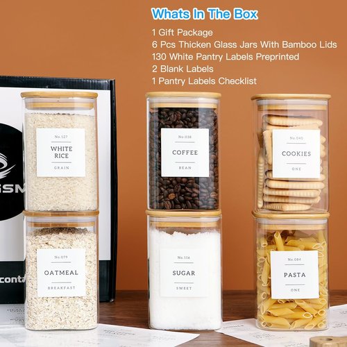 CZZGSM 35oz Glass Kitchen Storage Jars - Airtight Bamboo Lids & 132 Pantry Labels | Ideal for Coffee, Cookies, Tea, Spices
