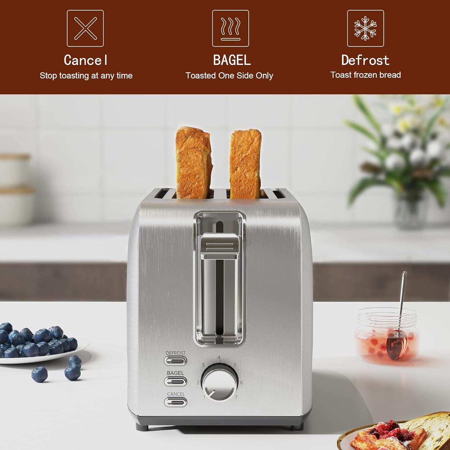Runnatal 2-Slice Stainless Steel Toaster - Multifunctional with 7 Toast Settings & Easy Clean | Silver Metallic