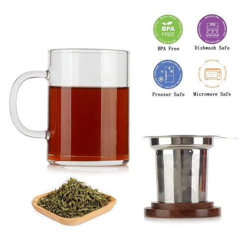 COMI Tea Cup with Infuser Walnut Lid&Handle, Glass Tea Cups with Wide Mouth Extra Large Capacity, Stainless Steel Tea Infuser Mug for Loose Leaf Tea Steeping(14oz/400ml)