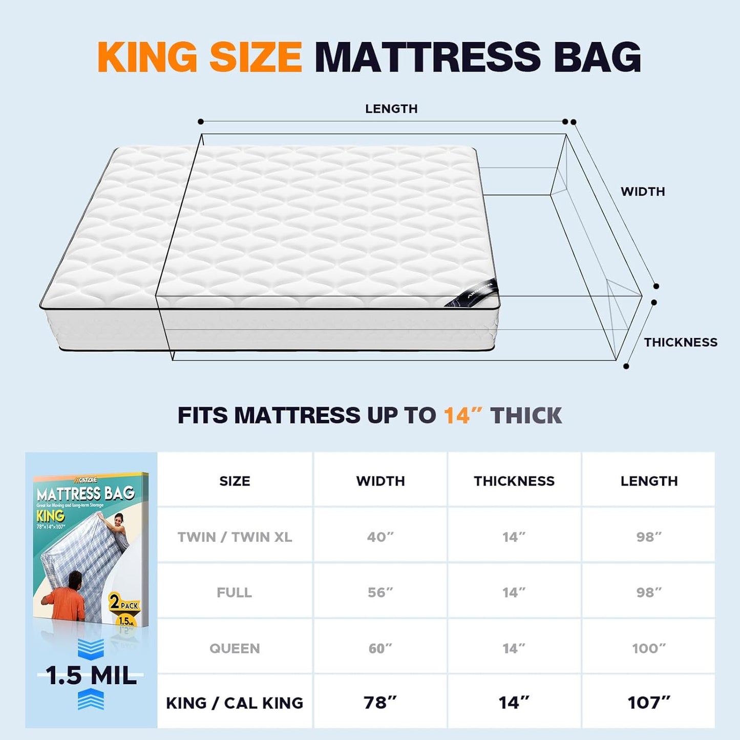 Skiennix Plastic Mattress Bag - Waterproof Moving Cover for King Size Mattresses | 2-Pack (1.5MIL)