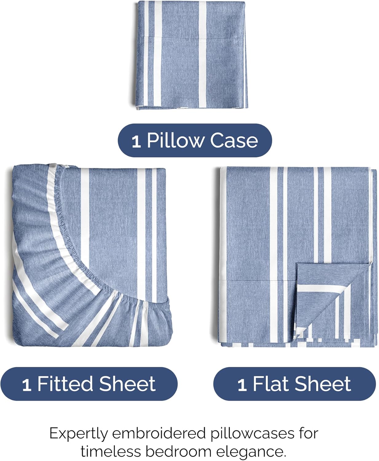 Skiennix Twin Size Sheet Set - Comfy, Breathable & Cooling Bed Sheets - Luxury Blue Stripes, Deep Pockets, Soft & Wrinkle-Free