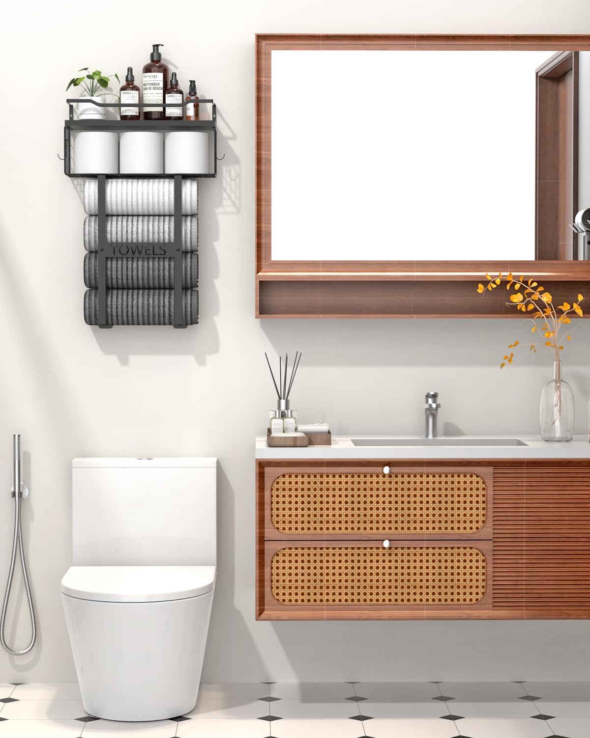 Wood Wall Mounted Towel Rack by [Brand Name] - Stylish Bathroom Storage Organizer in Black