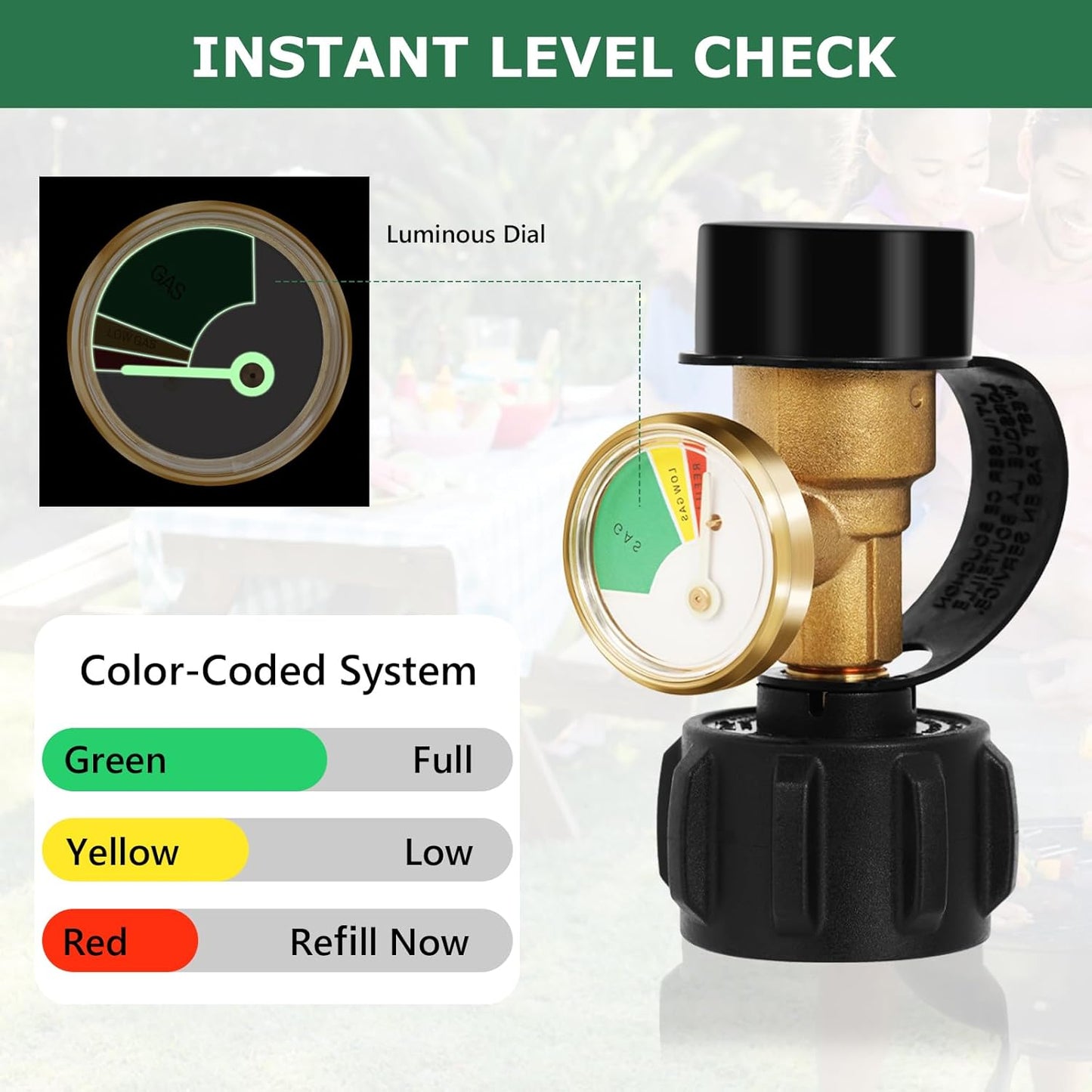 Propane Tank Gauge - Level Indicator & Gas Leak Detector for 5-40lb LP Tanks | Universal BBQ & RV Accessory