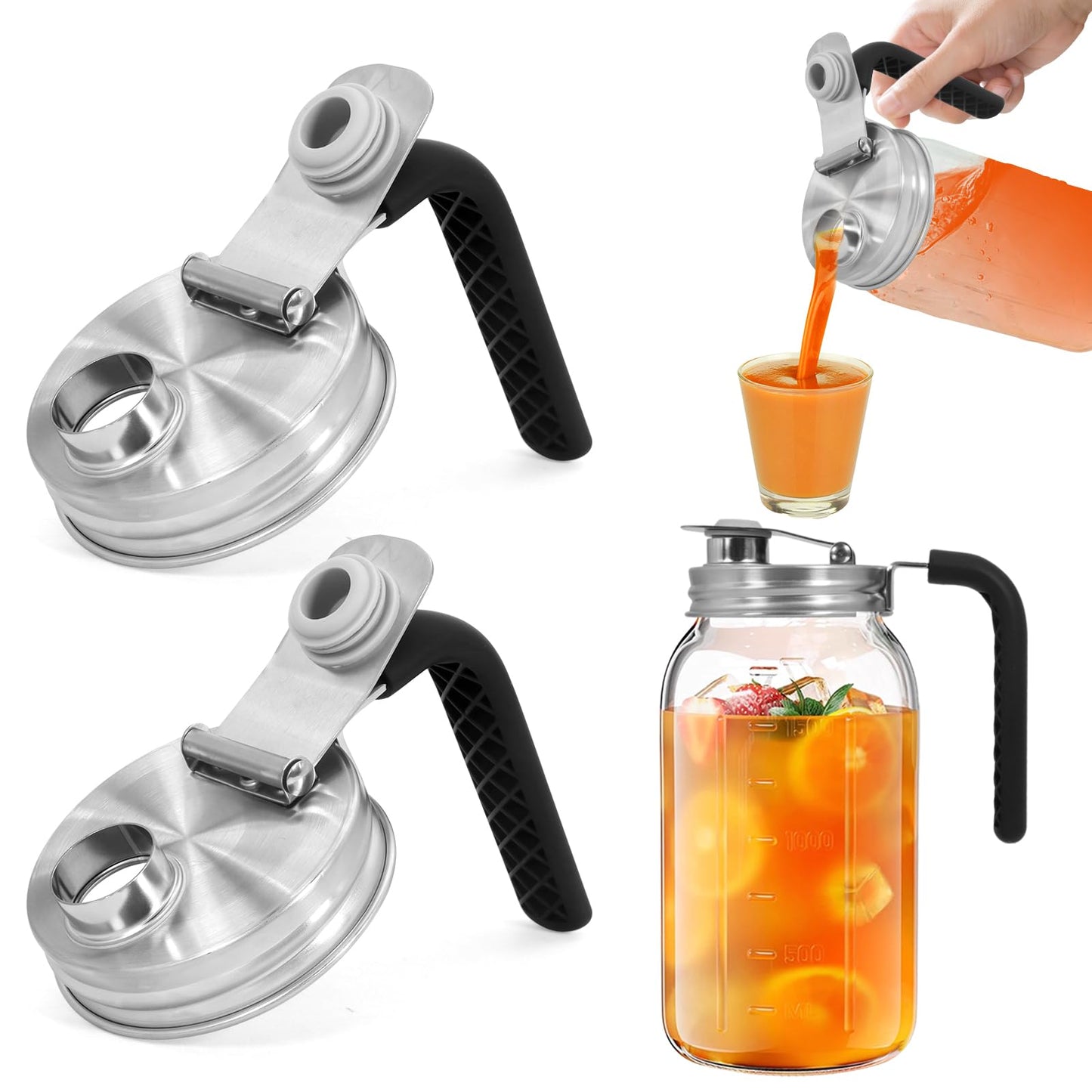 2 Pack Mason Jar Pour Spout Lid Mason Jar Pitcher Lid With Handle for 70MM Ball Mason Jars Leak Proof Seal for Drinking Salad Dressing & Food Storing
