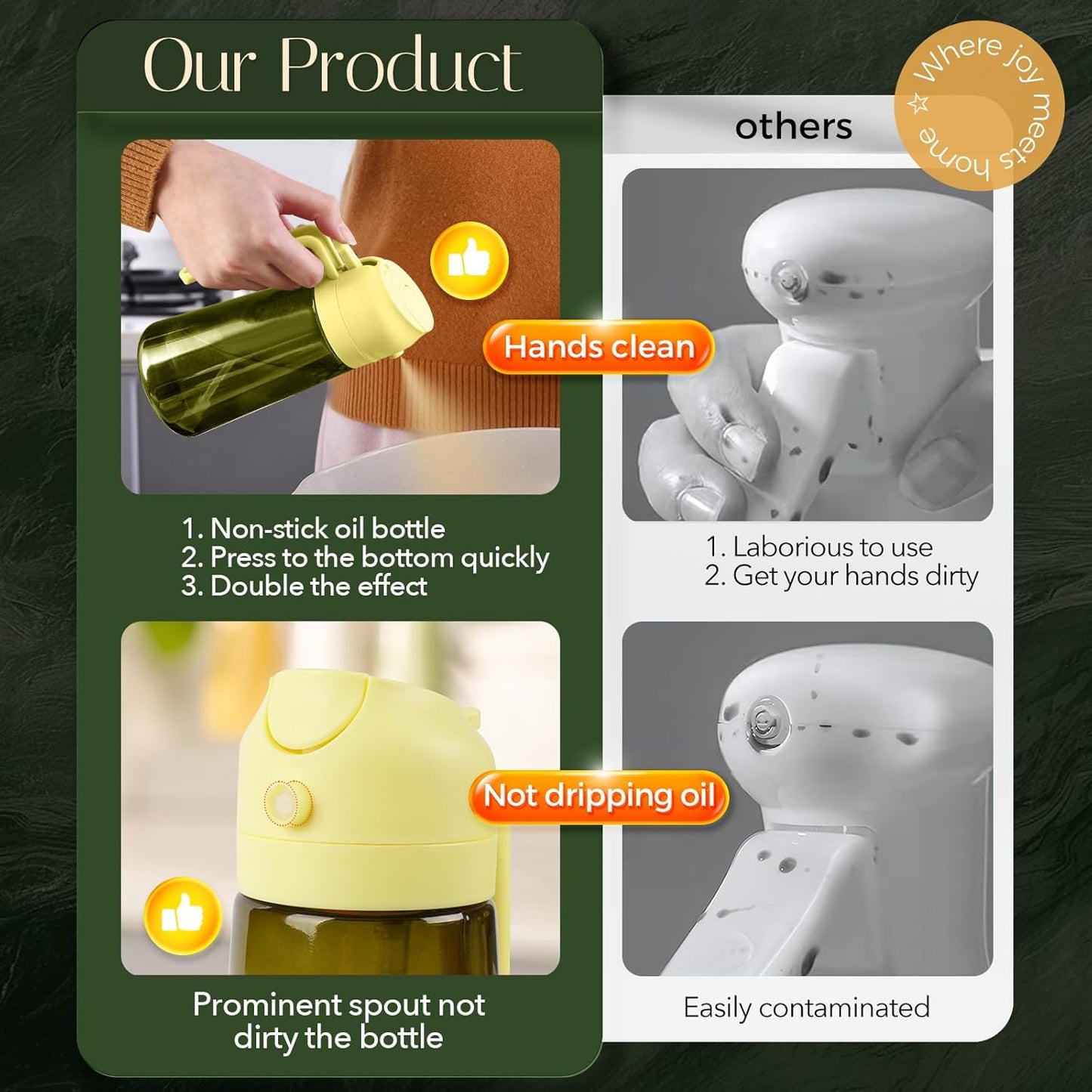 YARRAMATE Dark Green Glass Oil Sprayer - 16oz Light-Blocking 2-in-1 Olive Oil Dispenser for Cooking