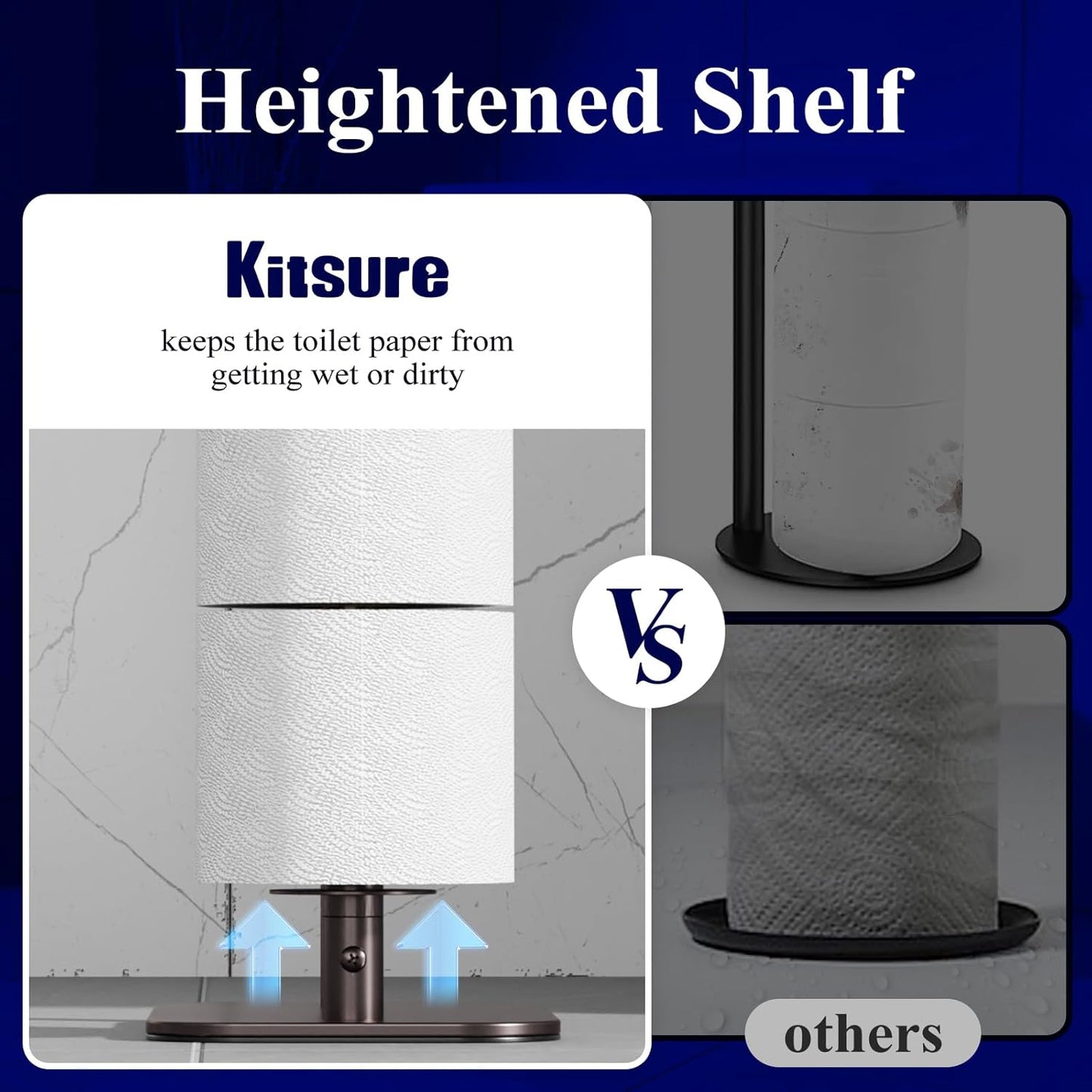 Kitsure Toilet Paper Holder - Rustproof Free Standing Stand for 4 Rolls with Anti-Slip Base & Shelf | Medium Brown