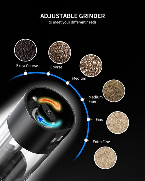 CIRCLE JOY Electric Salt and Pepper Grinder Set - Rechargeable Automatic Mill with LED Light & Adjustable Coarseness | 140ml Capacity