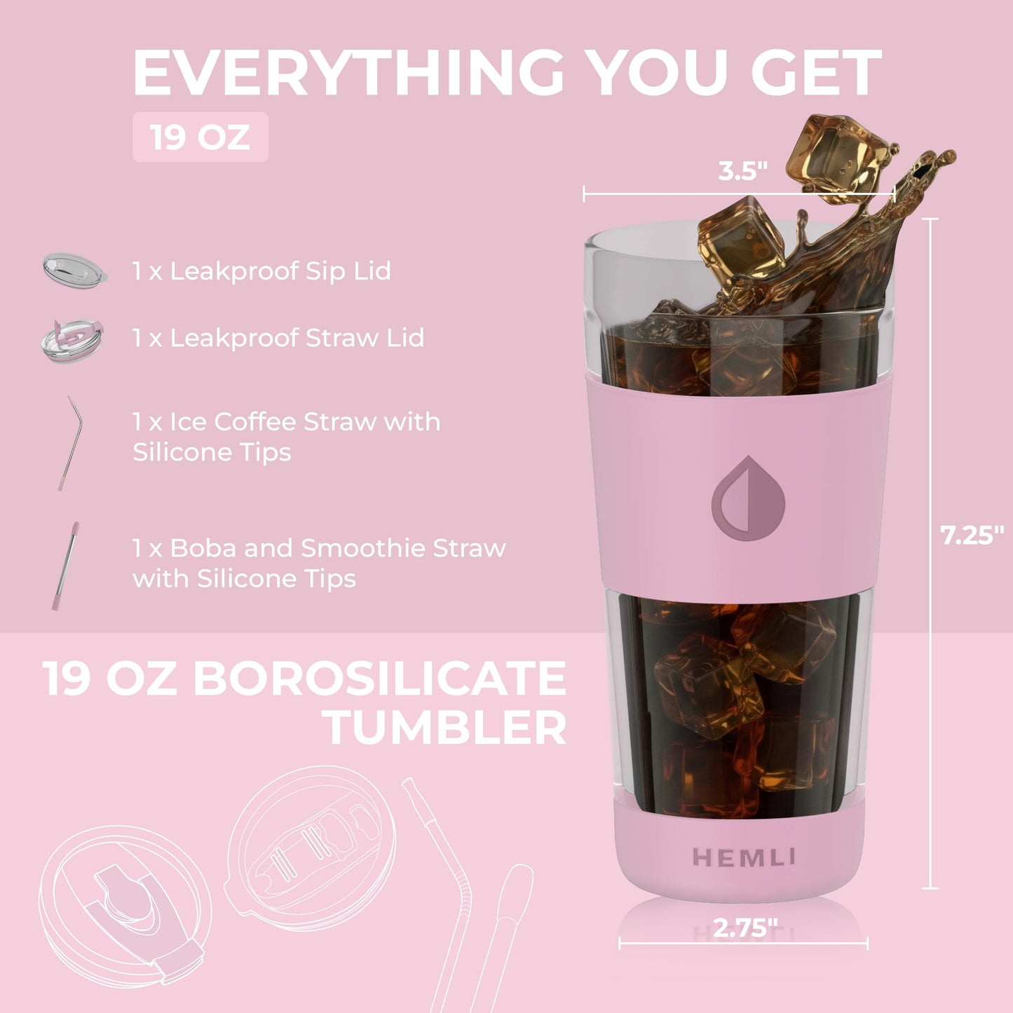 Hemli 19 oz. Double Wall Glass Coffee Tumbler, To Go Travel Mug with Lid, Portable Glass Thermos with Straw, Reusable Cup, Tea, Smoothies, Ice Coffee, and Boba