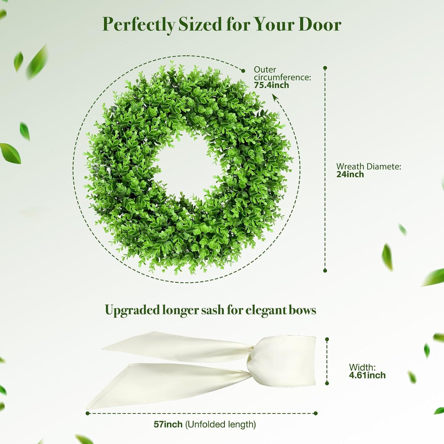 Regine Switzerland 24" Boxwood Wreath - Preserved Greenery with Sash | Perfect Summer Front Door Decor