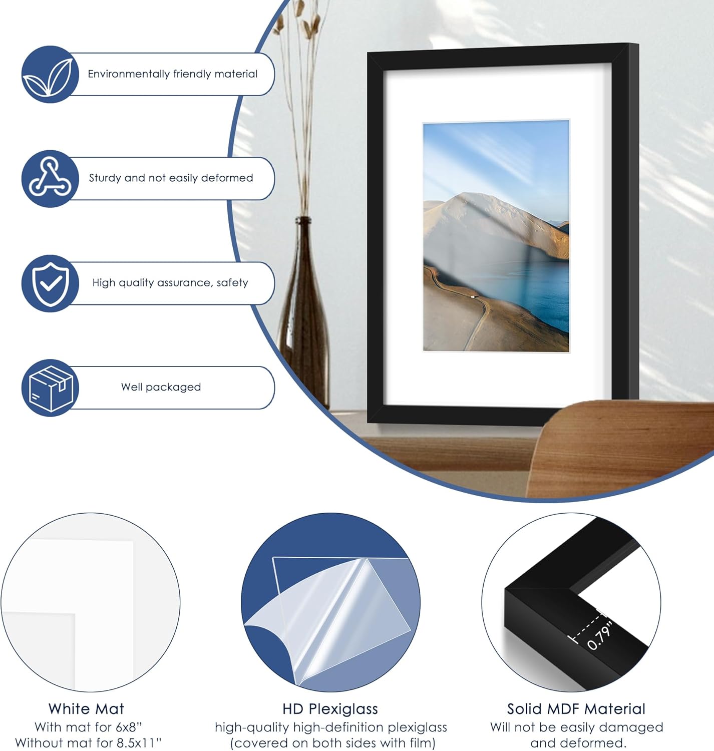 PEALSN 12x16 Picture Frame Set of 6 - Versatile Wall Mounting for 8.5x11 or 12x16 Photos - Black