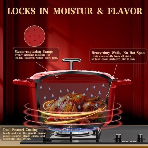 Enameled Cast Iron Dutch Oven - 5 Quart, Exclusive Designed Crab Lid, Oversized Knob, for Bread Baking Braiser Cooking - Red