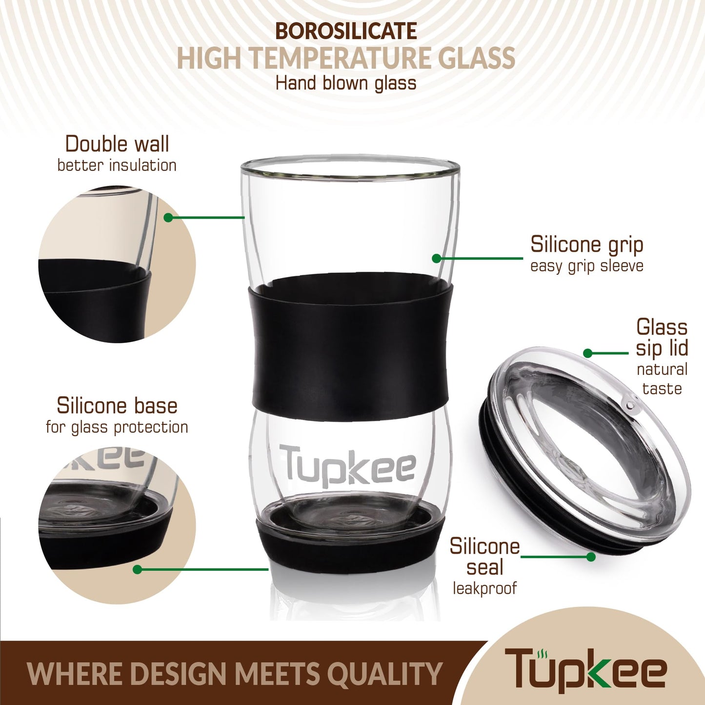 Tupkee 20 oz Double Wall Glass Tumbler With Lid – All Glass Hand Blown Reusable Insulated Travel Mug - For Coffee, Tea, Boba, Iced Coffee, and Smoothie Cup To Go – Black