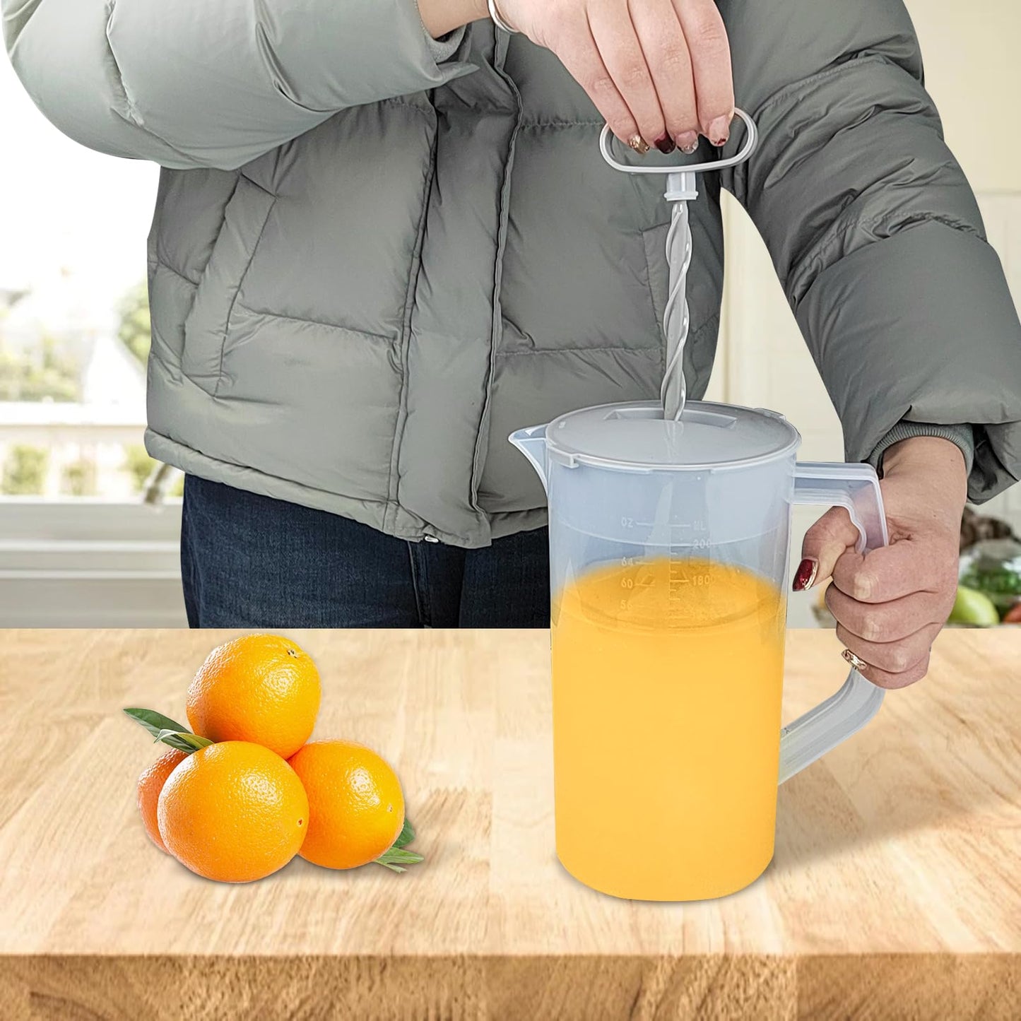 2 Pack Mixing Pitcher for Drinks 2 Quart/ 64oz Plastic Water Pitcher with Lid，Easy-Mix Juice Container，Angled Plastic Blades and Adjustable Mixer Plunger for Juice, Tea, Beverage Container
