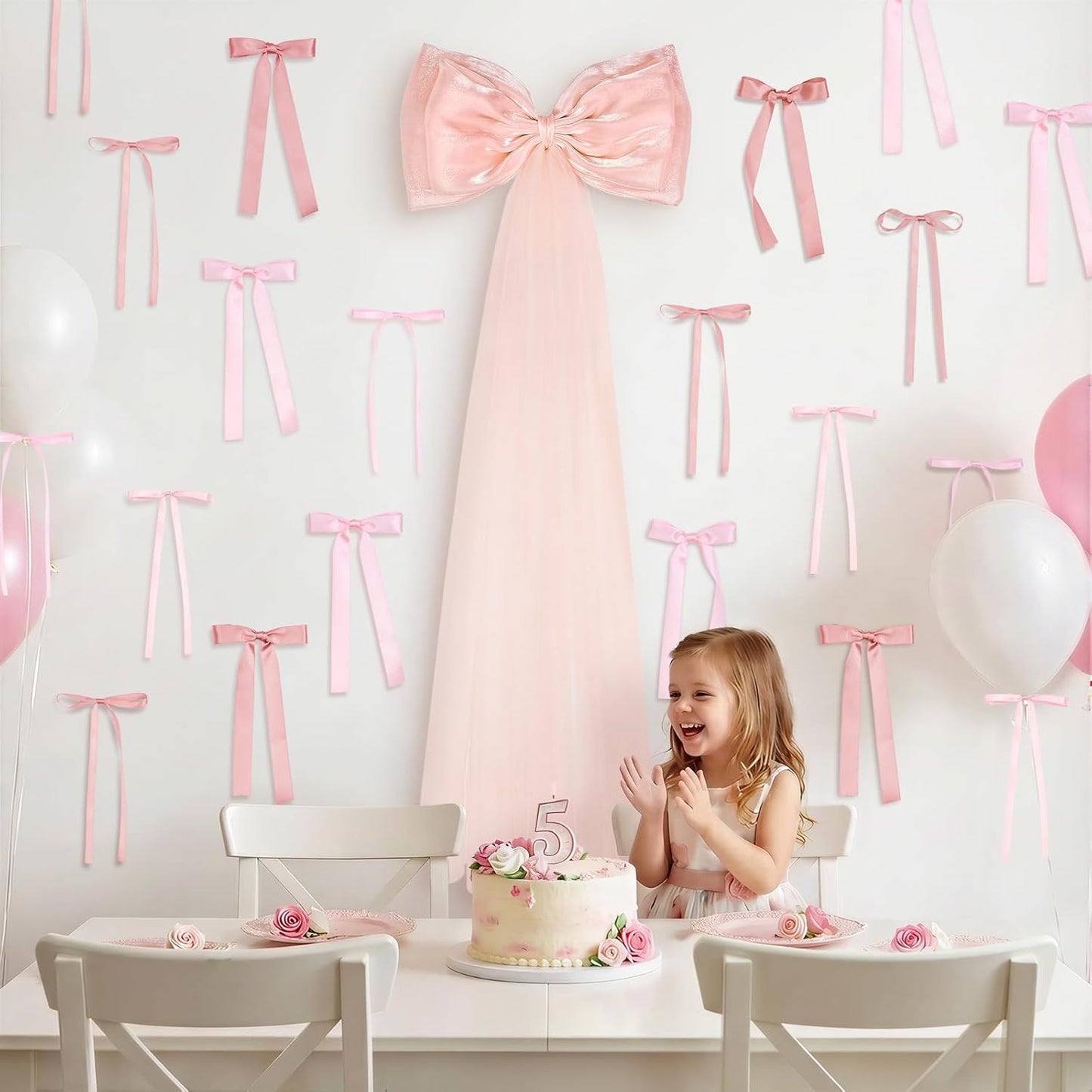 Skiennix 13Pcs Large Pink Pearl Silk Satin Bow Set - 17x55 Inch Giant Bow with 12 Small Satin Bows for DIY Wedding & Baby Shower Decor