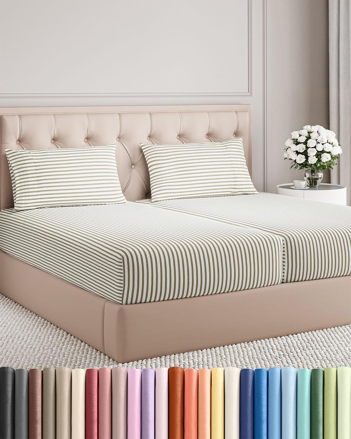 Skiennix Split King Size 5-Piece Sheet Set - Comfy Cooling Bed Sheets - Luxury Hotel Quality - Beige Stripes